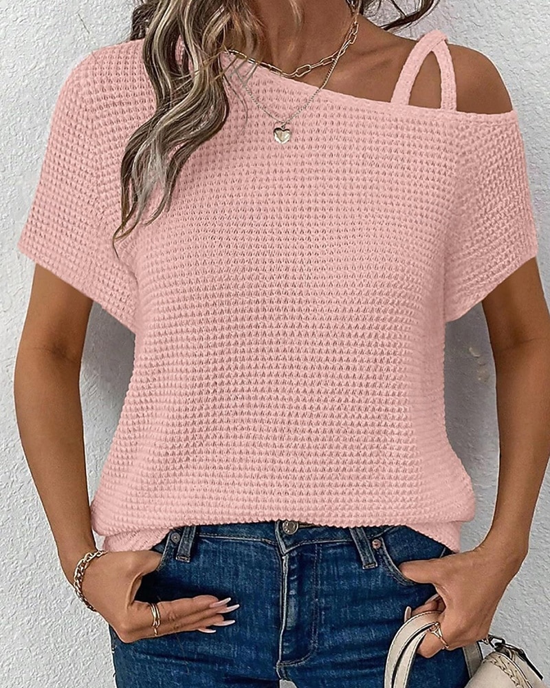 Mujer Camiseta Color sólido Vintage Elegante Manga Corta Cuello asimétrico Tops regulares Diario Noche Fin de semana Negro Blanco Rosa Caqui Verano Primavera 2026 - $25.99 –P2