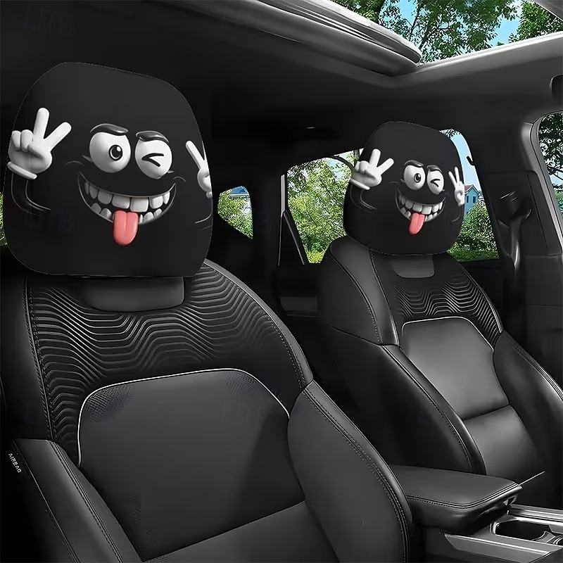 2pcs Cartoon Big-Eyed Face Printed Car Headrest Covers, Interior Decoration, Universal Fit, Washable, Easy to Install, Suitable for Long Trips Or Road Trips, Perfect Quirky Car Decoration 2026 - Kč154 –P9