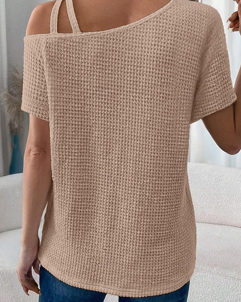 Mujer Camiseta Color sólido Vintage Elegante Manga Corta Cuello asimétrico Tops regulares Diario Noche Fin de semana Negro Blanco Rosa Caqui Verano Primavera 2026 - $25.99 –P15