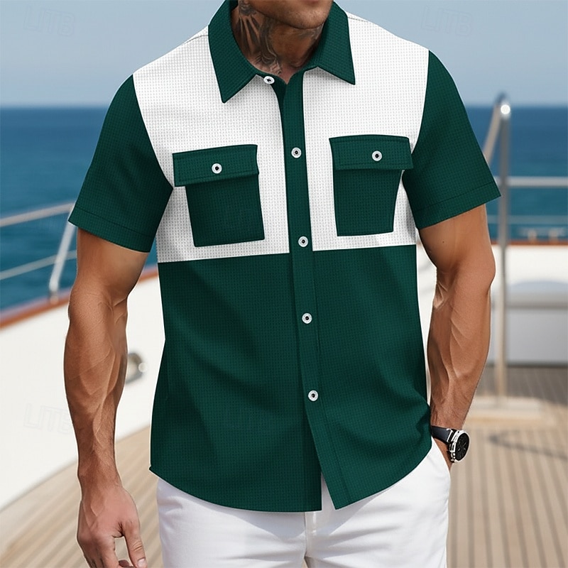 Men's Shirt Waffle Shirt Texture Casual Shirt Button Up Shirt Black Burgundy Military Green Gray Short Sleeve Plain Shirt Collar Casual Daily Front Pocket Clothing Apparel Elegant Fashion Casual 2026 - $25.99 –P4