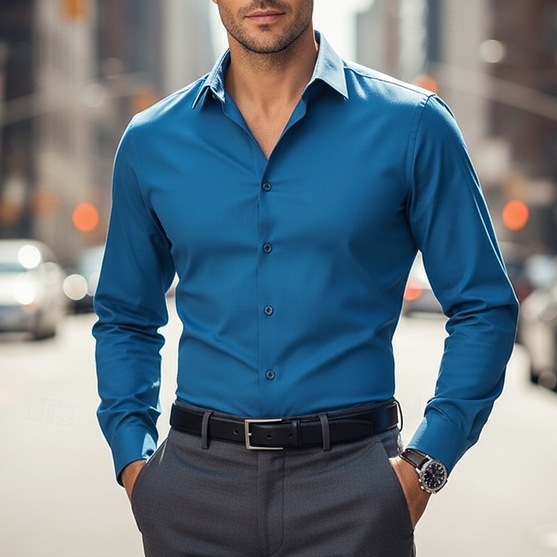 Hombre Camisa para Vestido Abotonar la camisa Plano Trabajo Boda Azul Real Manga Larga Cuello Vuelto Todas las Temporadas Ropa 2026 - $22.99 –P2