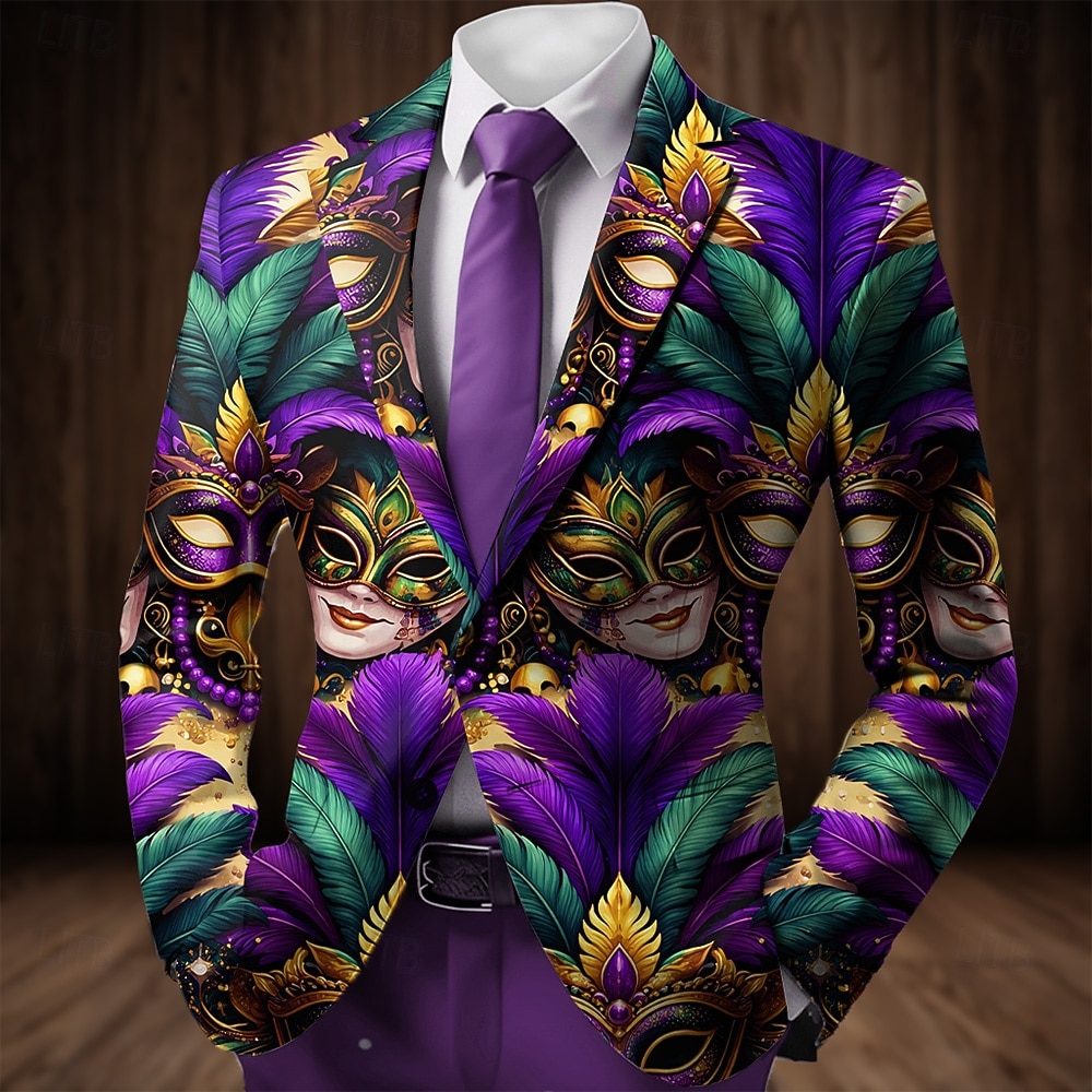2026年 カーニバル 男性用 マスク ブレザージャケット コート ファッション 快適 高通気性 アーティスティック カジュアル パーティーイブニングウェア カジュアル 祭り ポケット 3Dプリント ボタン オールシーズン ノッチドラペル 長袖 パープル グリーン  コレクション – $85.99 –P2