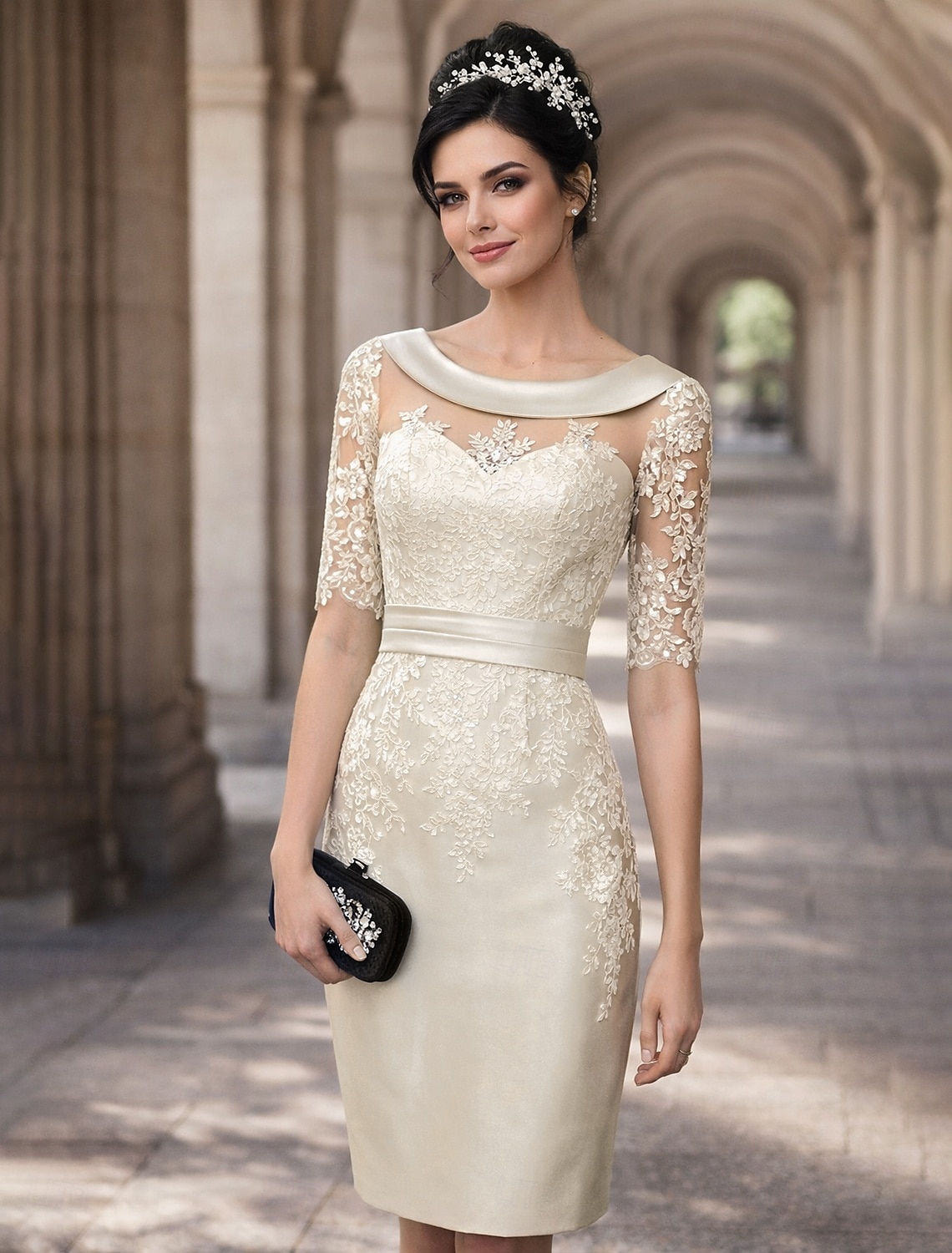 Sheath Column Knee Length Party Dress Cocktail Dress Wedding Guest Dress Mother of the Bride Dress Short Sleeve Jewel Neck Elegant Vintage Wedding Guest Satin Lace with Appliques 2026 - $115.99 –P1