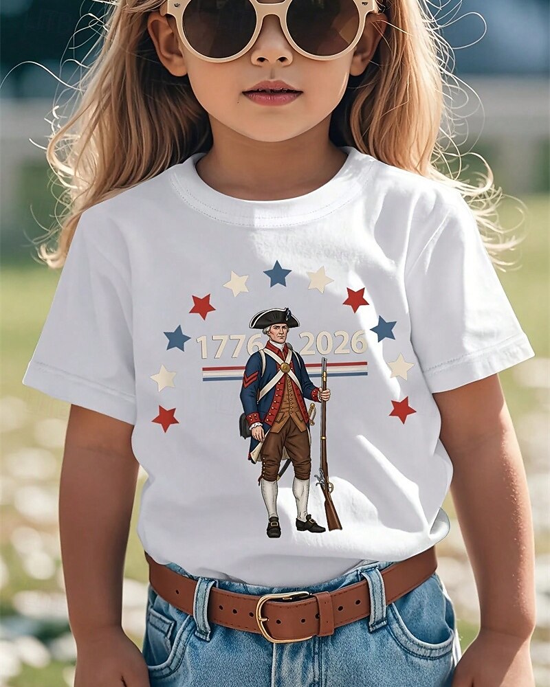 100% Cotone Bambini Ragazze Nero Bianco Grafico 250° anniversario Bandiera americana per bambini Maglietta Girocollo Manica Corta Vacanza Sport & Outdoor Abbigliamento Quotidiano Attivo Vacanza Casual del 2026 a $19.99 –P1
