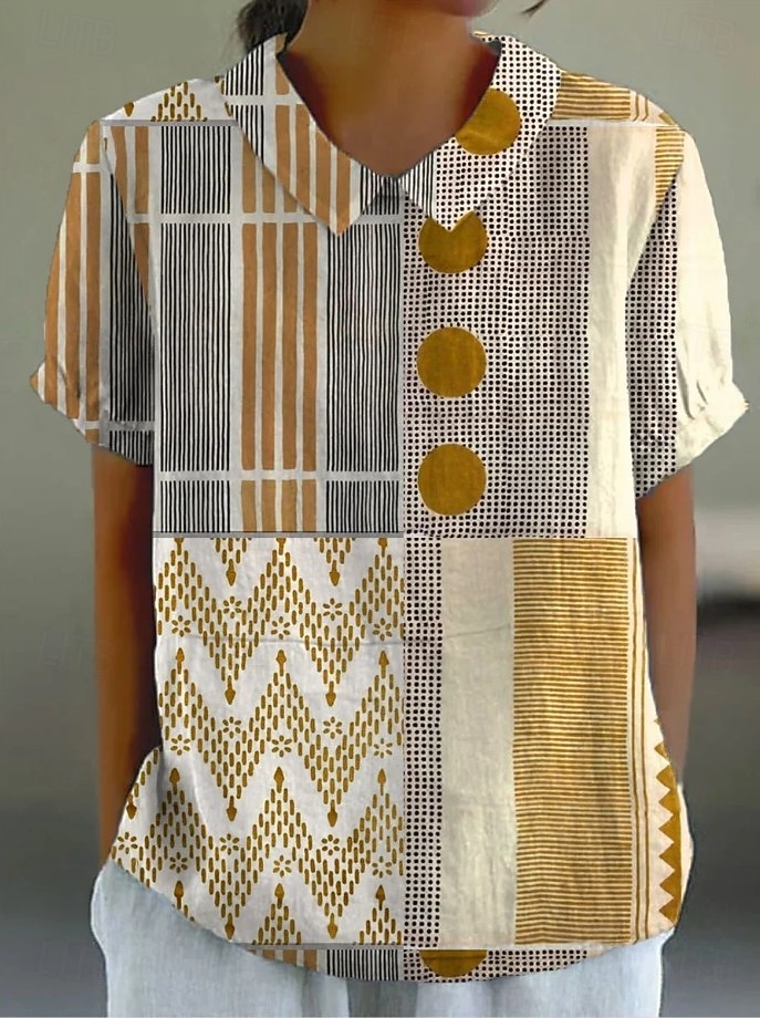 Damen Bluse Knöpfe Druck Grafik Geometrisch Täglich Stilvoll Lässig Kurzarm Hemdkragen Normale Oberteile Täglich Ferien Schwarz Gelb Rote Orange Sommer Frühling 2026 - $24.99 –P2