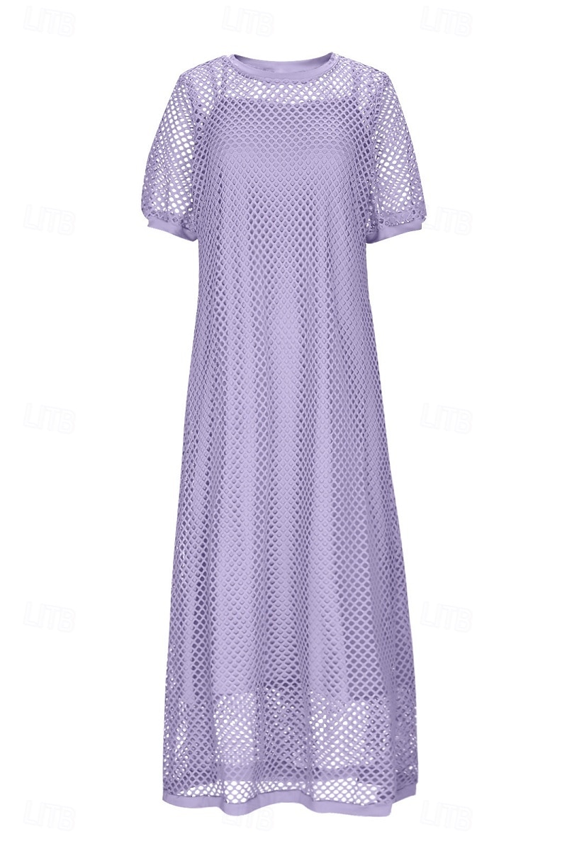Mujer Conjunto de vestido Vestido de verano Vestido de cambio Vestido de Tul Elegante Casual Plano Ahuecado Vestido Midi Manga Corta Cuello Barco Exterior Playa Blanco Azul Marino Morado Verano 2026 - $51.99 –P4