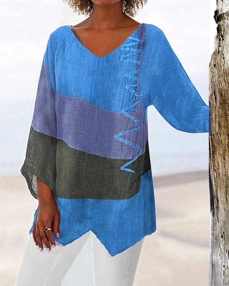 Жен. Футболка Пэчворк С принтом Контрастных цветов Винтаж Мода На каждый день Длинный рукав V-образный вырез Обычные топы Повседневные На выход выходные Синий Желтый Красный Лето Весна Осень 2026 - $25.99 –P4