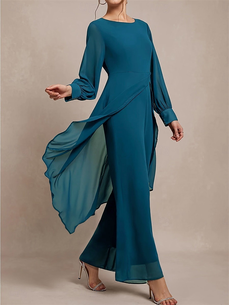 Buksedrakt Asymmetrisk Kjole til brudens mor Langermet Crew-hals Elegant Formell Bryllupsgjest Formell kveld Chiffon med Ensfarget 2026 - $160.99 –P7