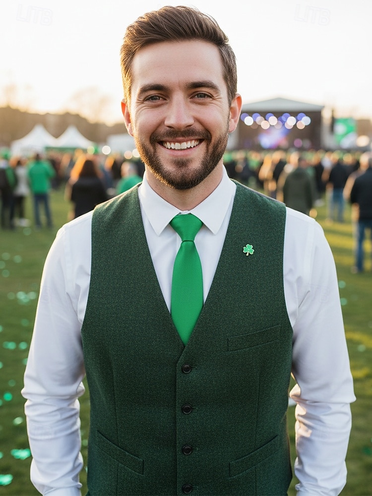 2026年 男性用のセントパトリックスデーのグリーンサテンネクタイ。グリーンの複数の色合い、滑らかなポリエステル生地。パレード、パーティー、結婚式、ホリデーのお祝いに最適なクラシックで華やかなスタイルのネクタイ。  コレクション – $11.99 –P3