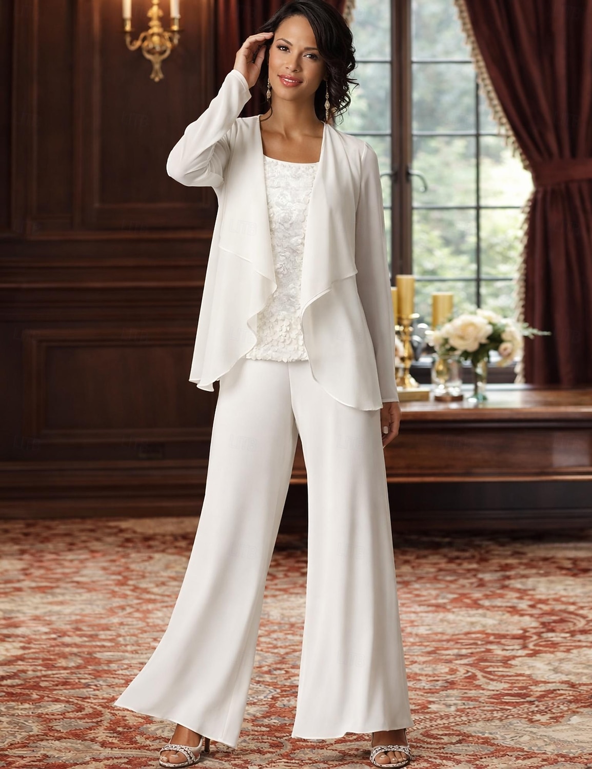 Traje de pantalón Traje de 3 piezas Hasta el Suelo Vestido de Madrina Sin Mangas Barco de cuello Elegante Talla Grande Bolero incluido Formal Invitado a la boda Gasa con Encaje 2026 - $126.99 –P2
