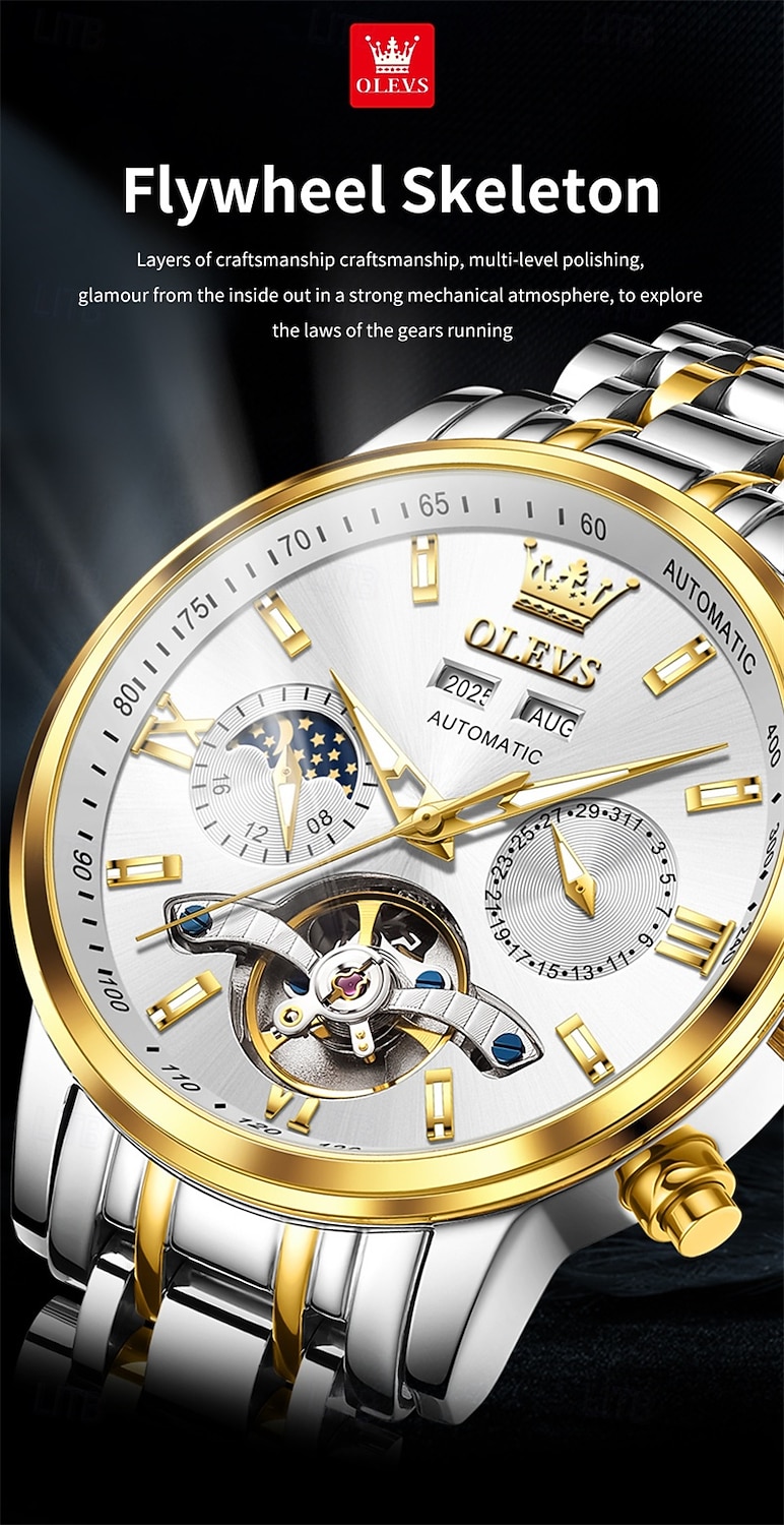 The New Olevs Men'S Business Watch With Luminous Perpetual Calendar Date And Day Display Multi-Functional Mechanical Watch Skeletonized Casual And Fashionable Waterproof Sports Men'S Wristwatch 2026 - $116.99 –P3