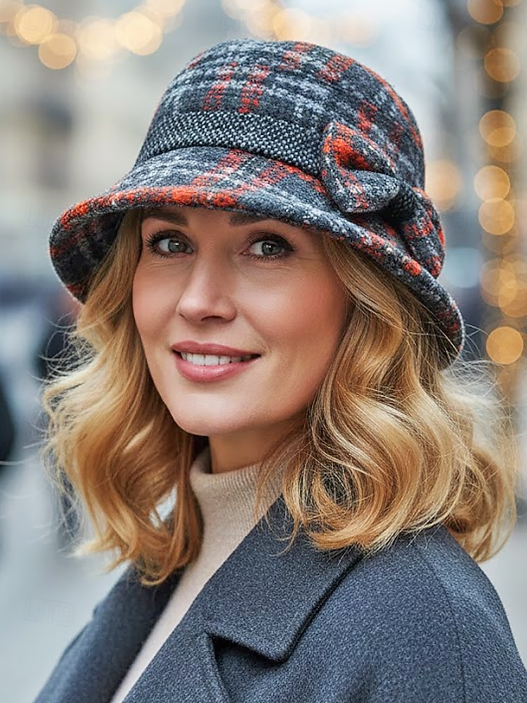 Damen-Mütze aus dickem Polyester mit Karomuster und Schleifendetail, erhältlich in verschiedenen Farben – perfekt für Herbst und Winter 2026 - $14.99 –P3
