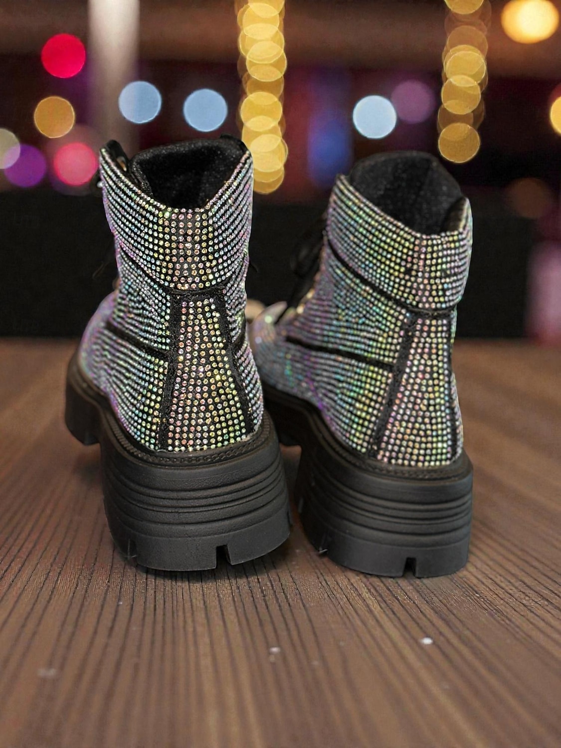 stivaletti allacciati con glitter da donna - stivali da combattimento con plateau e strass scintillanti, stile trendy per la vita notturna, per feste e club &abiti da sera del 2026 a $59.99 –P6