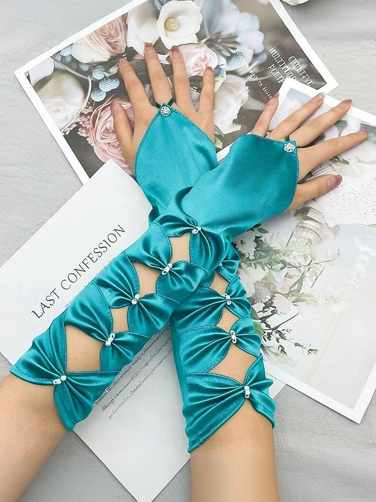 Luvas de cetim de poliéster femininas do Mardi Gras em várias cores design elegante com detalhes em pérolas perfeitas para carnaval e bailes de máscaras de 2026 por $11.99 –P7