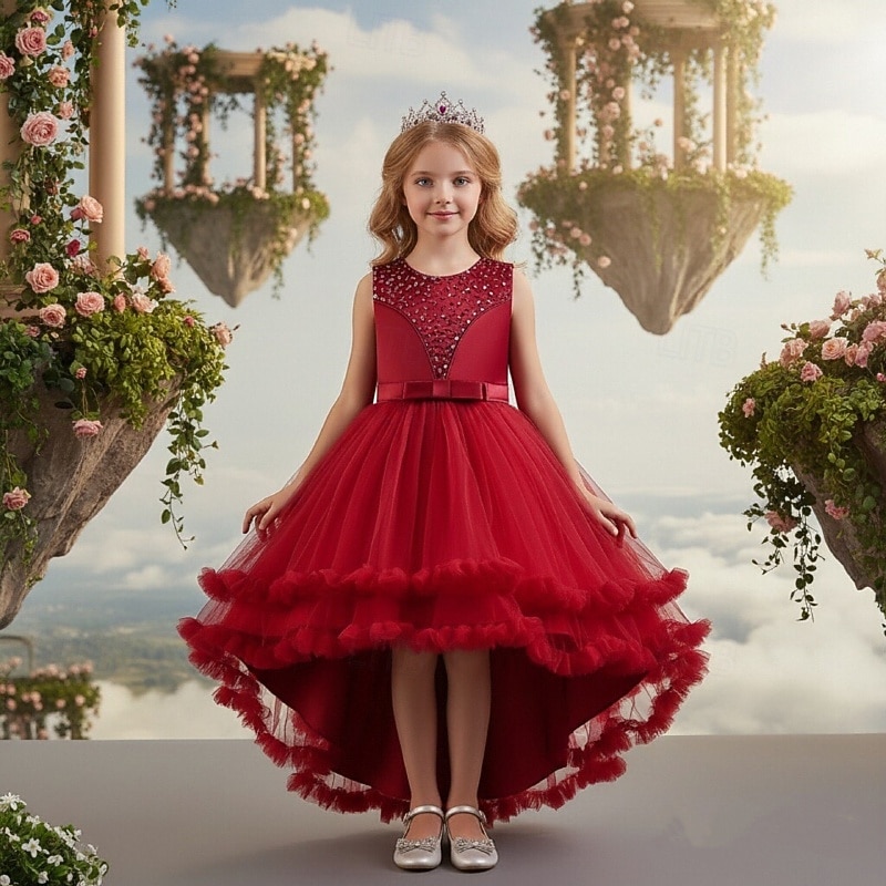 Bloemenmeisjesjurk, communiejurk, formele jurk voor meisjes, trouwkleding, feestkleding, formele mode voor bruiloften, schattige patchwork, mesh, effen kleur, mouwloos, ronde hals, geel, roze, 4 jaar 2026 - $51.99 –P5