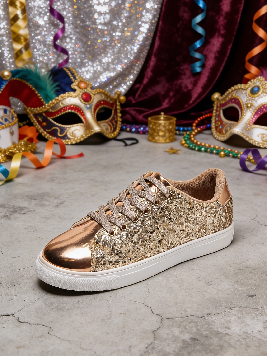2026年 ウィメンズ・マルディグラ・ゴールドグリッターのスパークリースニーカー、メタリックトーキャップ付き – カーニバル、ニューイヤーズイブ  カジュアルグラム用のブリングレースアップフラットシューズ  コレクション – $34.99 –P1