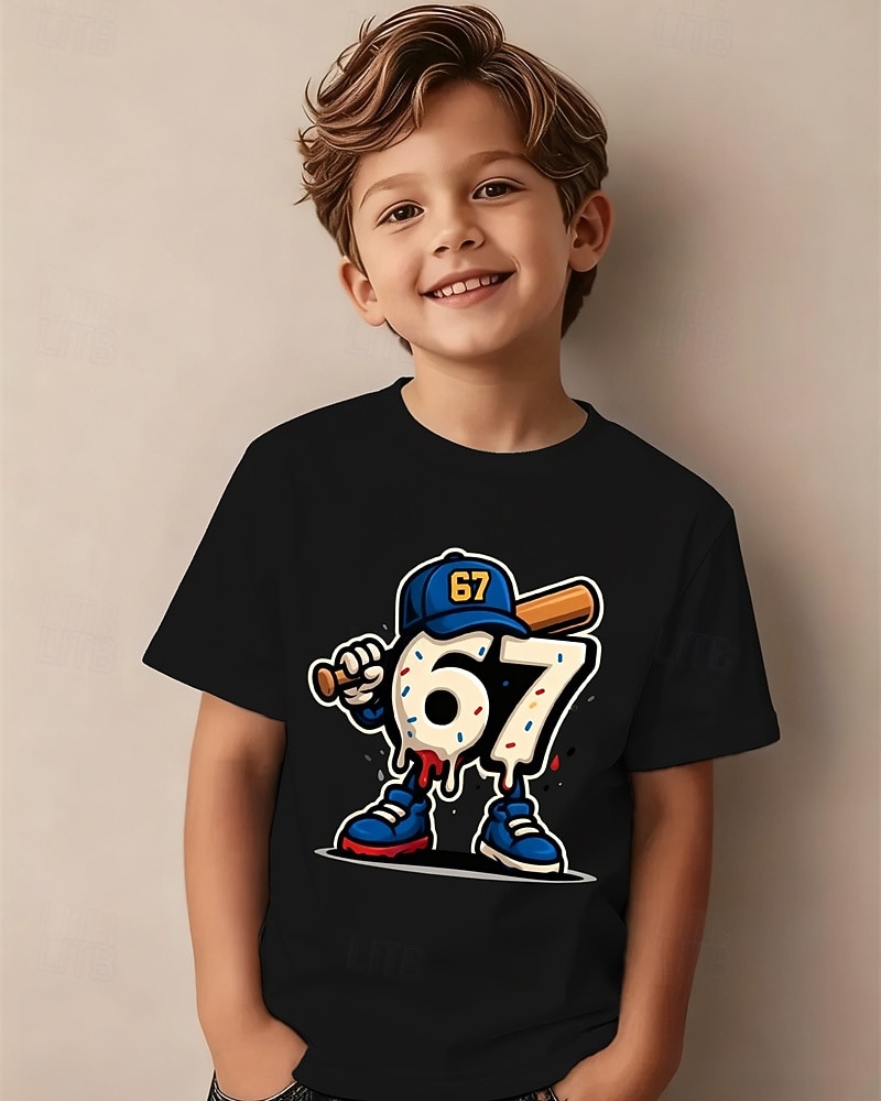 Bomull Barn Gutt Svart Hvit Grafisk Morsom slang 67 T skjorte Bluse Crew-hals Kortermet utendørs Hverdag Mote Gatemote Designer Printer Sommer 2026 - $14.99 –P1