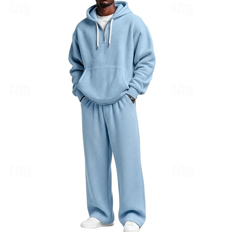 Homens Moletom Moletons Waffle Moletom com capuz e calças Conjunto Capuz Diário Ao ar livre Férias Roupa Diária Com Cordão Half Zip Tecido Vermelho Vinho Preto Branco Roupas Esportivas Esportes Moda de 2026 por $60.99 –P2