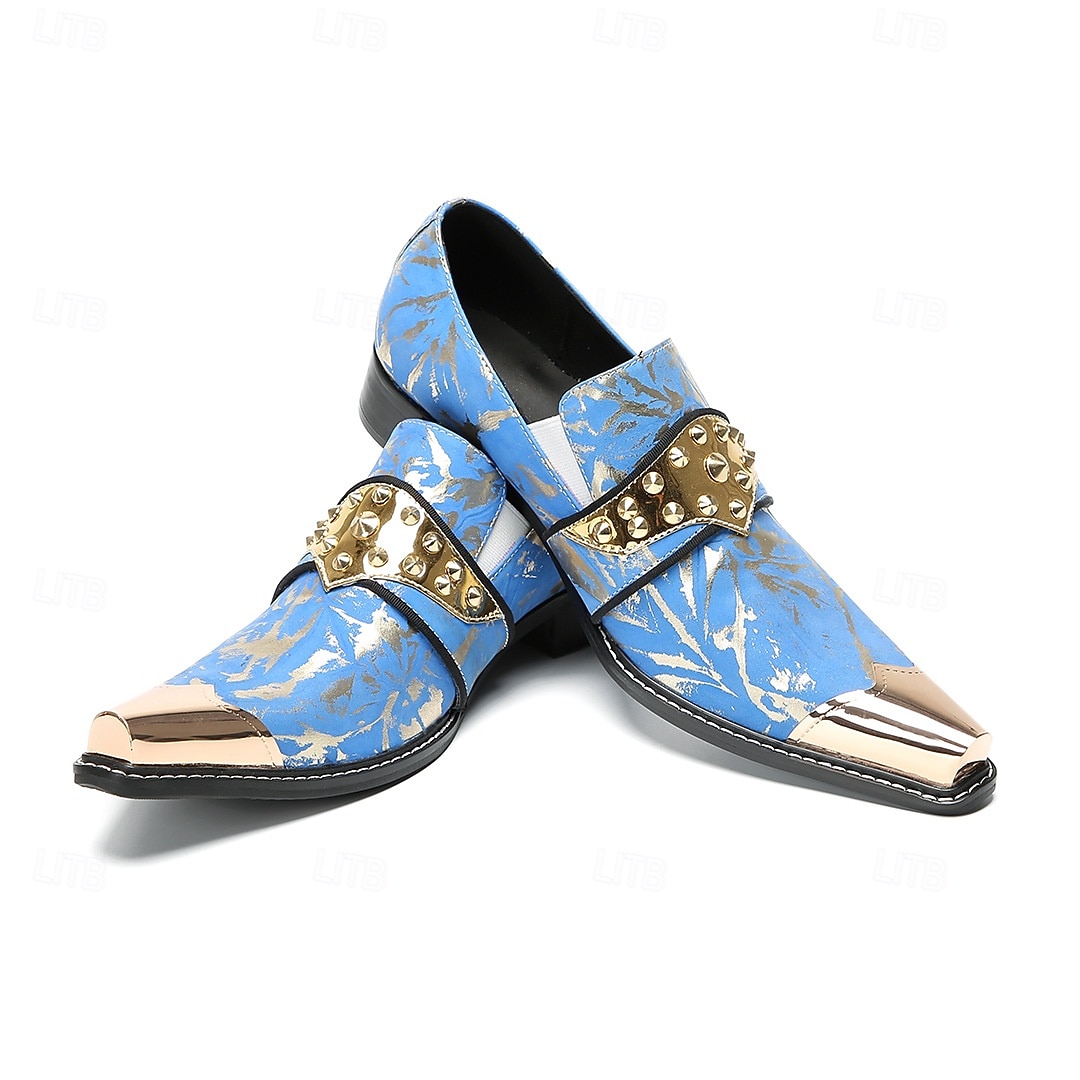 Mocasines de piel patentada azul y dorada para hombre, elegantes detalles de hebilla, zapatos de vestir para negocios y eventos. 2026 - $119.99 –P3
