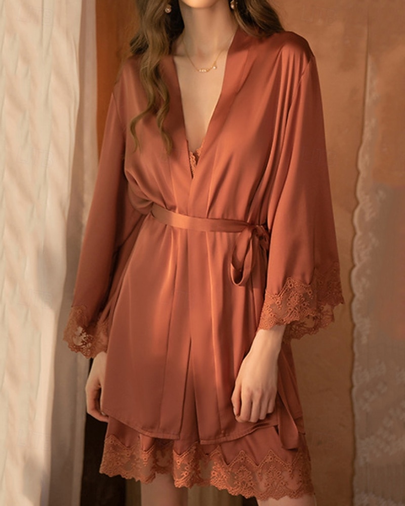 Femmes Robe Chemise de Nuit Ensemble Pyjama Occasionnel Doux Satin Couleur Unie Dentelle Robes Quotidien Maison Lit manche longue Bretelles Noir Blanche Rose Claire Vin Marron Été Coupe régulière de 2026 ? $24.99 –P9