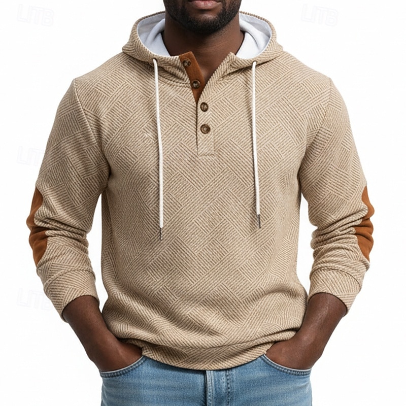 Men's Jacquard Hoodie Pullover Button Up Hoodie White Brown Khaki Light Grey Hooded Plain Patchwork Color Block Textured Casual Daily Sports & Outdoor Streetwear Cool Sportswear Spring &  Fall 2026 - $24.99 –P2