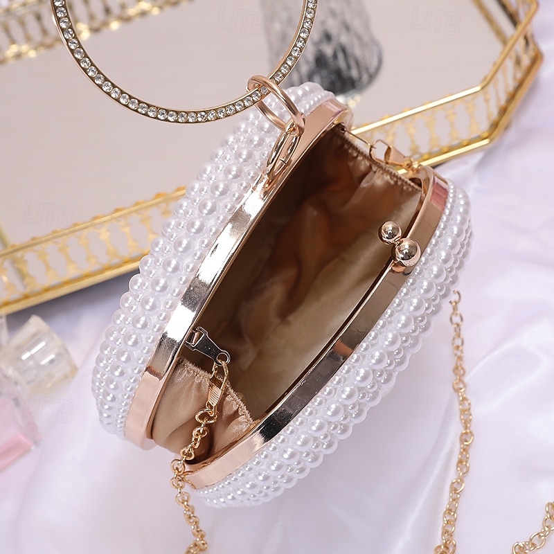 Women's Wallet Evening Bag Evening Bag Coin Purse Leather Party Wedding Party Pearls Solid Color Gold / White Almond 2026 - $42.99 –P7