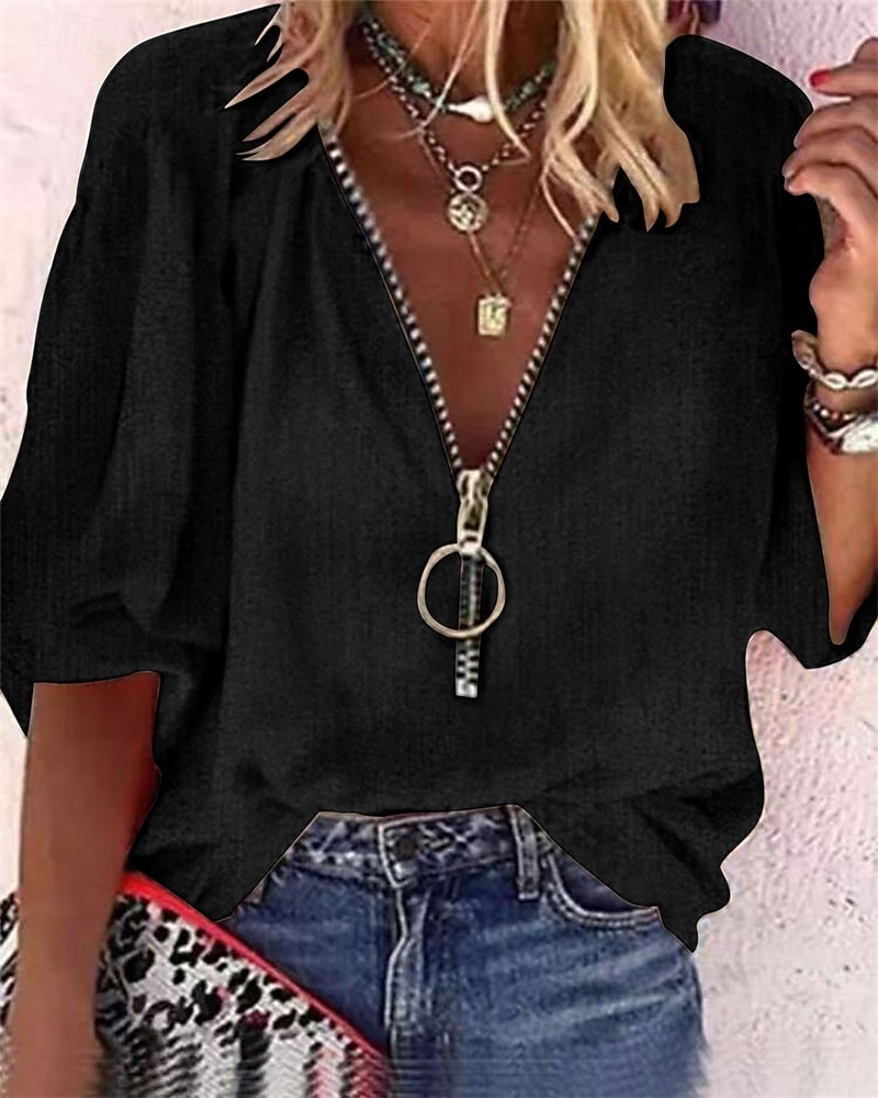 Mulheres Blusa Tops elegantes Linho de algodão sintético Franzido Patchwork Zíper Côr Sólida Tecido Elegante senhoras à moda Manga 3/4 Decote V Tops regulares Diário Trabalho Para Noite Preto Camelo de 2026 por $21.99 –P4