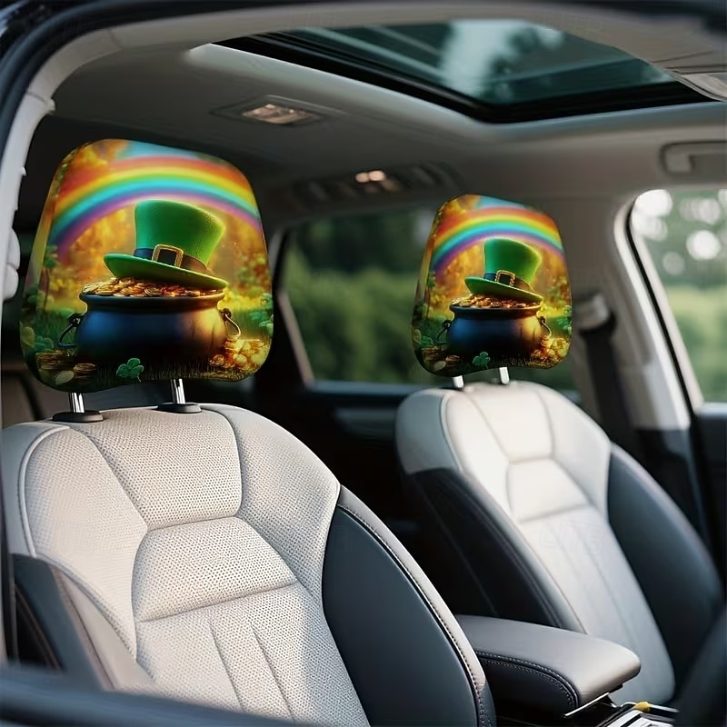 2 capas de encosto de cabeça para carro com trevo verde | compatíveis com todos os veículos, pretas &Adesivo para carro com estampa de trevo verde, design plano 2D, poliéster, fácil instalação - de 2026 por $7.99 –P14