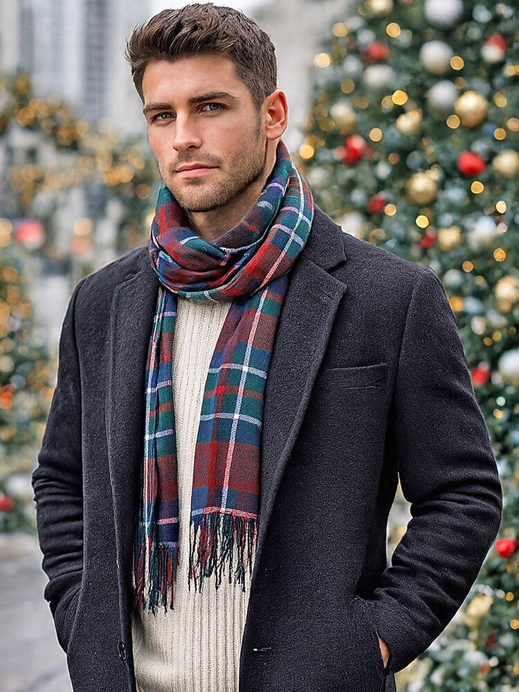 Miesten villajäljitelmäpolyesterihuivi, ruudullinen kuvio, useita värejä, täydellinen lahjaksi 2026 - $14.99 –P1