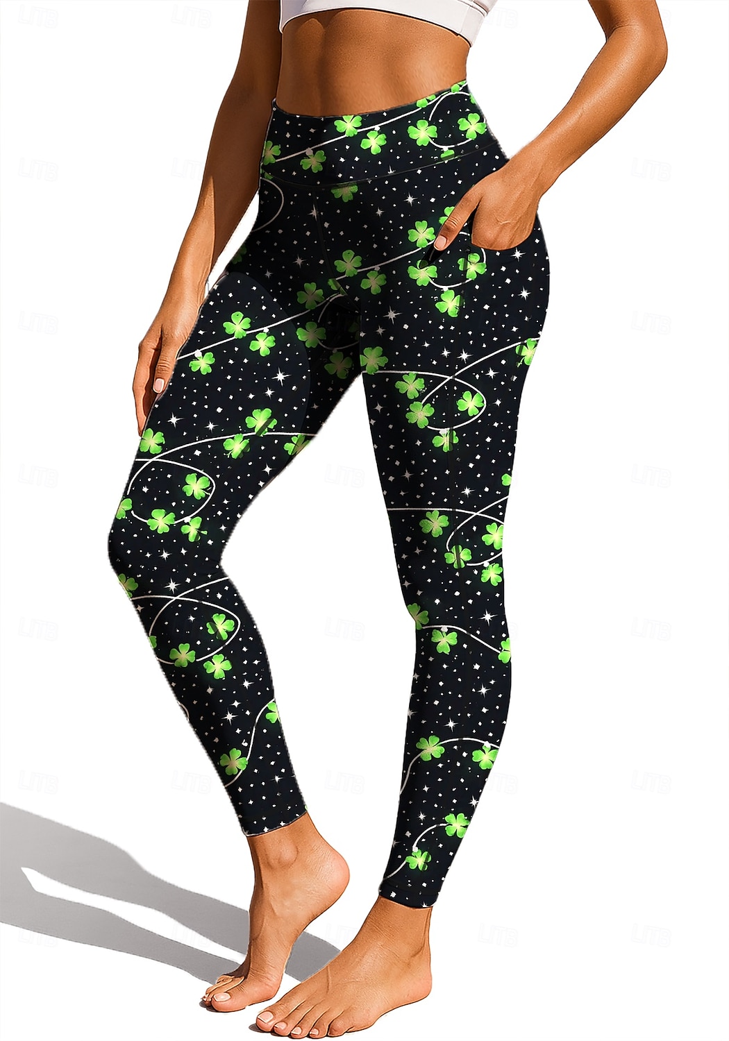 St. Patrick Women's pilates leggings fitness pants Gym Leggings Pockets Stamp Duty Side Pockets Pilates Gym Gym Workout Tights Leggings Bottoms Trees / Leaves Clover Green and Black Dark Green Sports 2026 - $20.99 –P2
