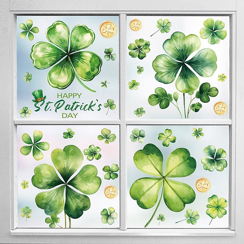 5 φύλλα αυτοκόλλητα παραθύρου για την ημέρα του Αγίου Πατρικίου, στατικά αυτοκόλλητα με ιρλανδικό τετράφυλλο τριφύλλι, αυτοκόλλητα γυαλιού με ατμόσφαιρα εορταστικού πάρτι για διακόσμηση καταστήματος 2026 - $9.99 –P7