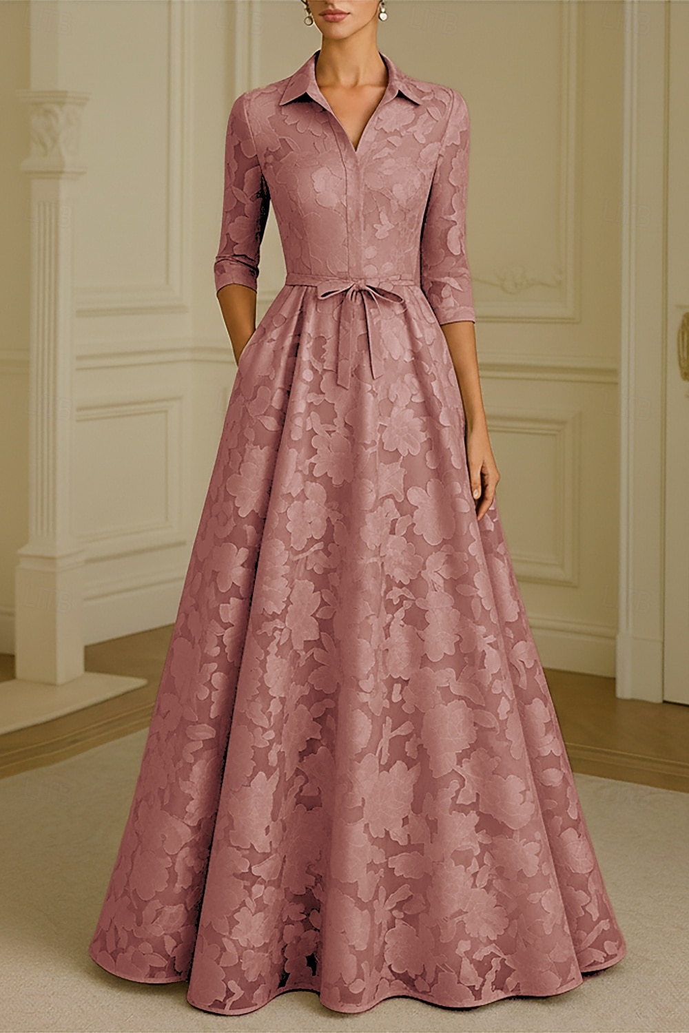 Linea ad A Lunghezza al pavimento Abito Camicia Abito Formale Abito da sera Abito da cerimonia per signora Manica Lunga Colletto a Camicia Elegante Vintage Formale Raso Jacquard con Fiocco/Fiocchi del 2026 a $195.99 –P1