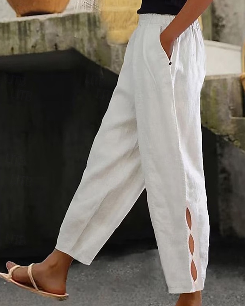 Women's Cotton Linen Pants Chinos Summer Pants Vacation Streetwear Casual Full Length Medium Waist Plain Pocket Elastic Waistband Comfortable Breathable Inelastic Daily Outdoor Street White Sky Blue 2026 - $23.99 –P7
