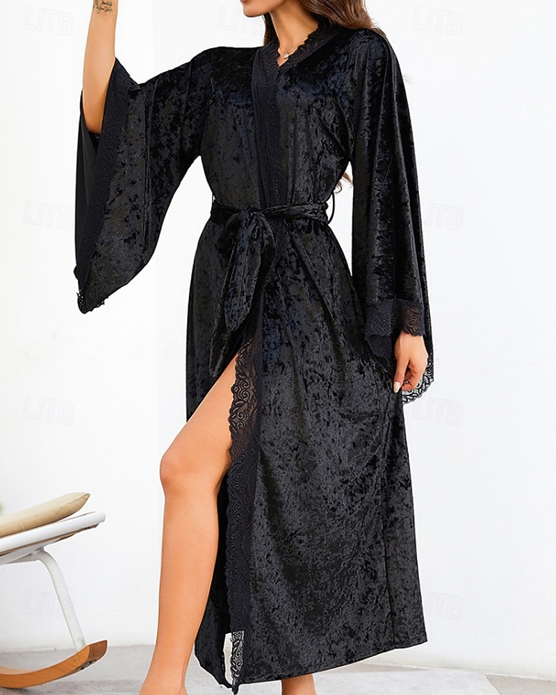 Women's Robe Casual Soft Satin Pure Color Lace Patchwork Daily Home Bed Long Sleeve V Neck Black White Wine Summer Spring Loose Fit 2026 - E£2245.39 –P10