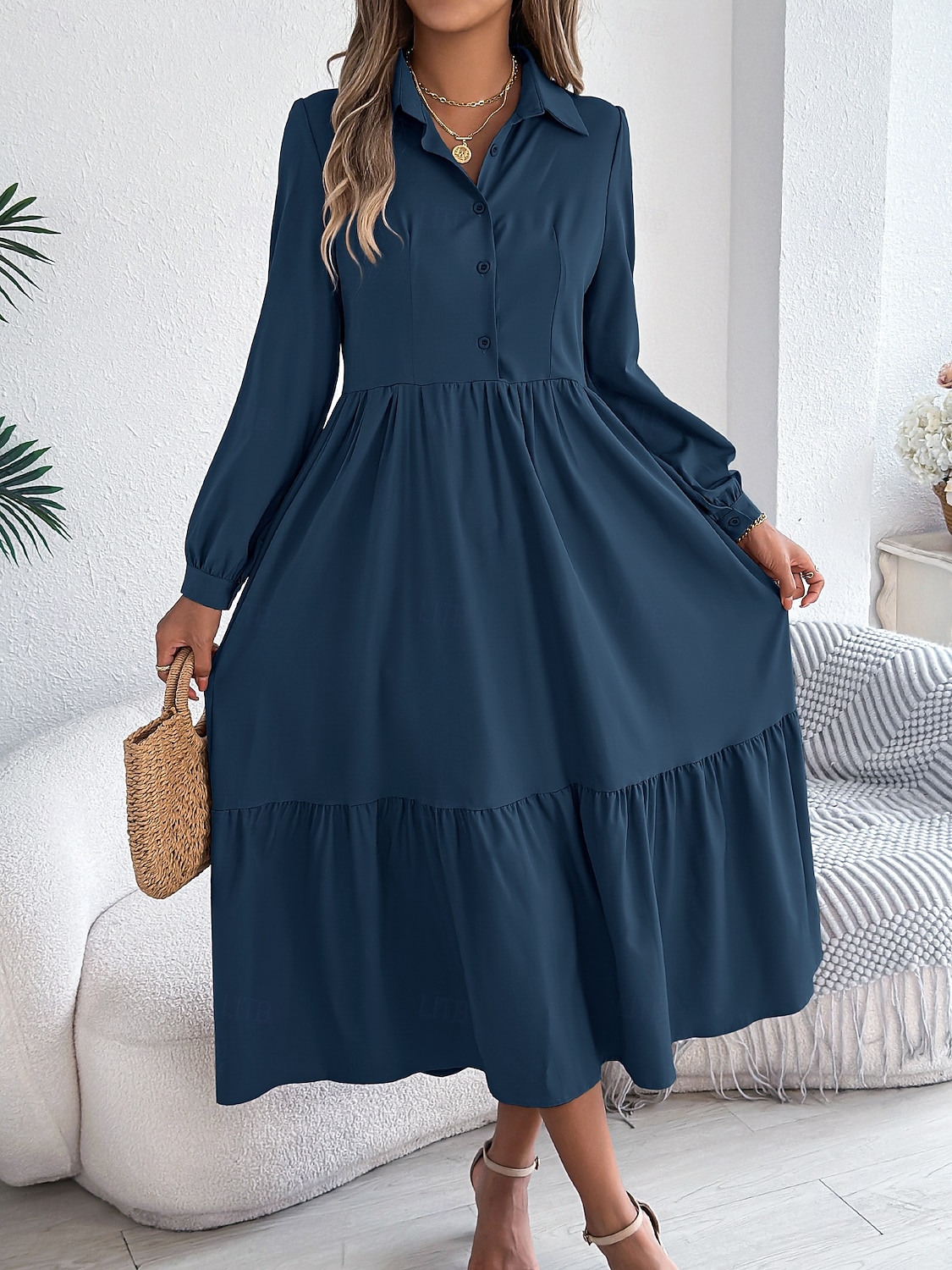 Women's Midi Dress A Line Dress Casual Daily Regular Fit Plain Long Sleeve Lapel Blue Navy Wine Green Spring 2026 - $36.99 –P5