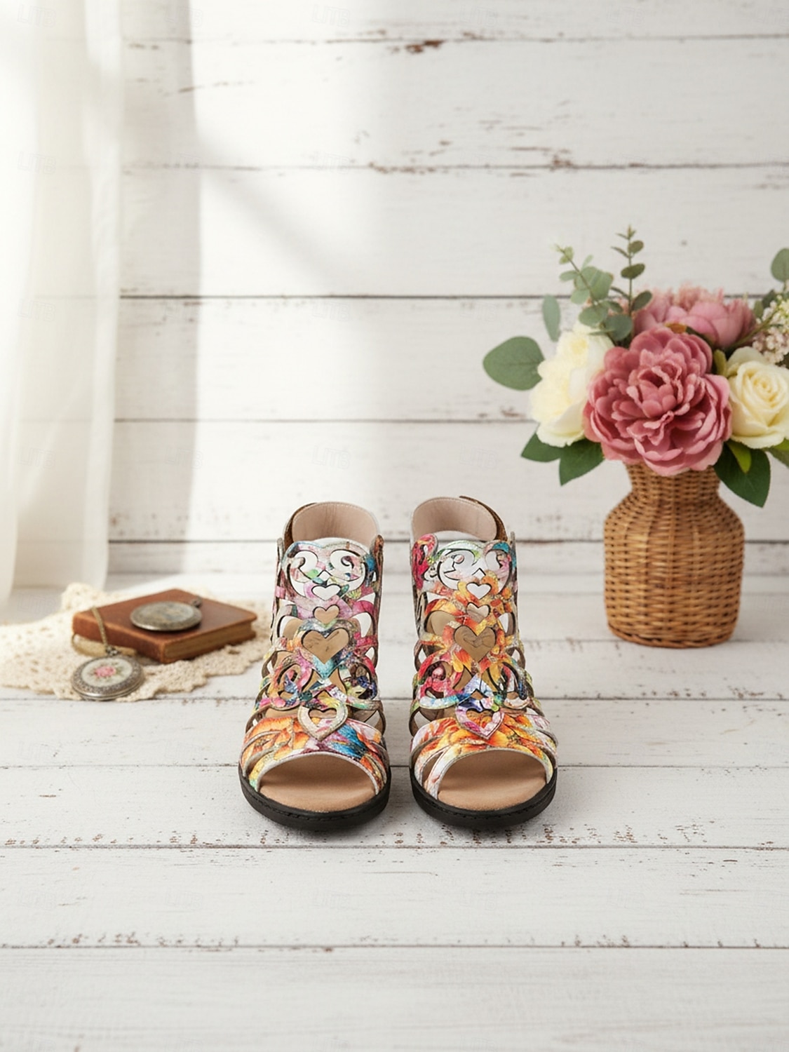 oransje damesandaler med blomstertrykk og lav hæl, komfort, myk polstret innersåle, pustende åpen tå-design for modne kvinner, reiser, daglige turgåing og sommerbruk 2026 - $84.99 –P6