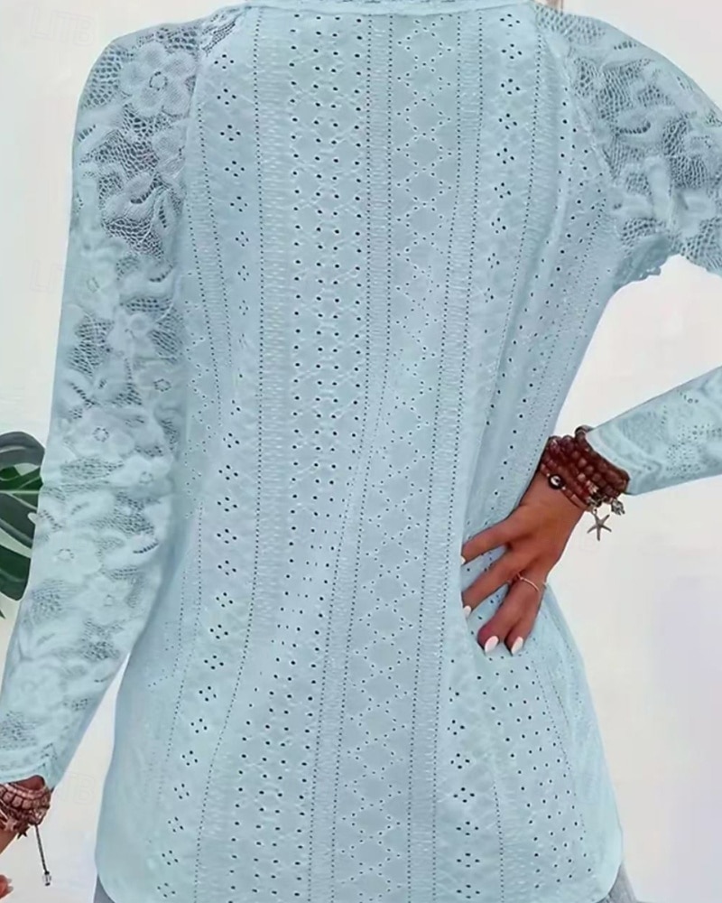 Mulheres Blusa Tops de renda Renda Patchwork Tecido Ativo à moda Manga Longa Decote V Tops regulares Diário Feriado Para Noite Branco Rosa Vinho Azul Claro Verão Primavera de 2026 por $21.99 –P6