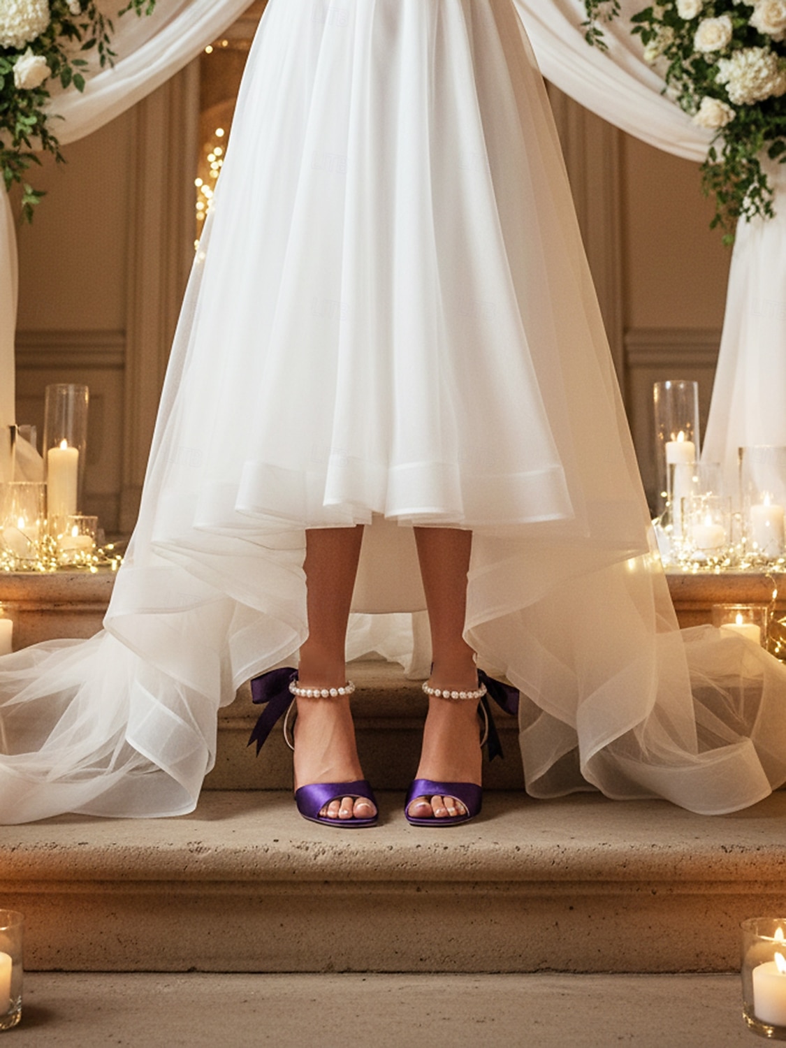 Damskie fioletowe satynowe szpilki ślubne z perłowym paskiem wokół kostki i kokardką, eleganckie sandały ślubne z odkrytymi palcami dla panien młodych, luksusowe buty na wysokim obcasie do ceremonii 2026 - $59.99 –P7