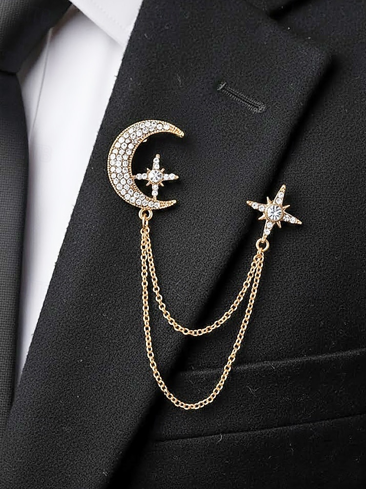 Broche pour homme en alliage de faux diamants en forme de lune et d'étoile, disponible en or et en argent, parfaite pour les mariages et les événements formels. de 2026 ? $9.99 –P3