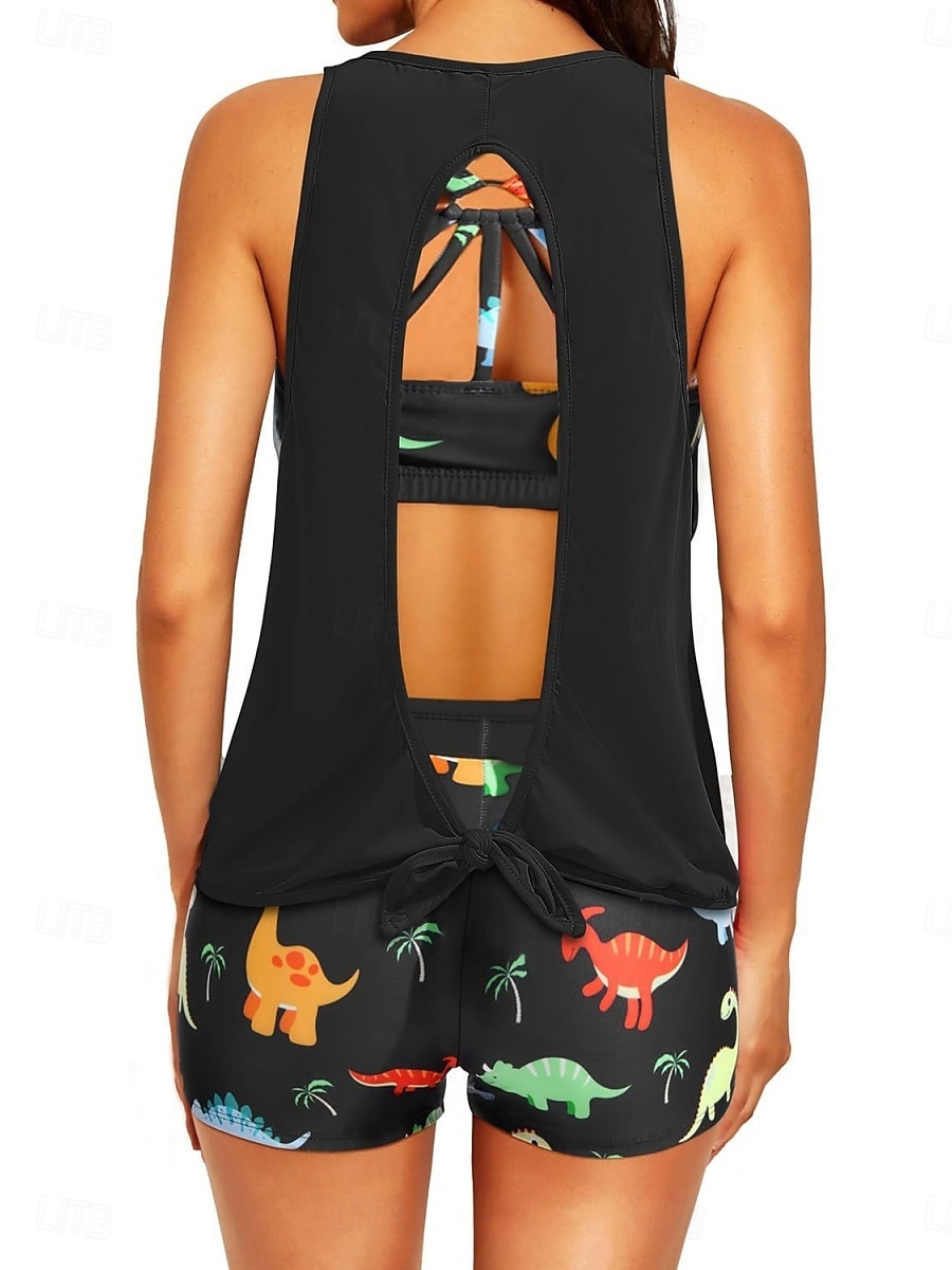 Costume da bagno a tre pezzi da donna tankini con pantaloni controllo pancia vita alta slim schiena scoperta vacanza mare con grafica floreale scollatura a U senza maniche del 2026 a $33.99 –P11