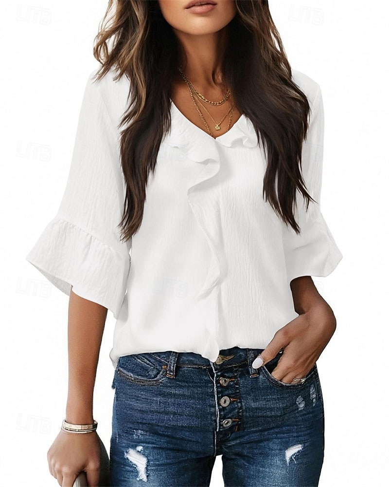 Γυναικεία Πουκάμισο Κομψή Σατέν Μπλούζα Μπλούζα Σουρωτά Με Βολάν Κουρελού Σκέτο Κομψό Βίντατζ Καθημερινά Μακρυμάνικο Λαιμόκοψη V Κανονικά μπλουζάκια Καθημερινά Δουλειά Αργίες 2026 - $25.99 –P5