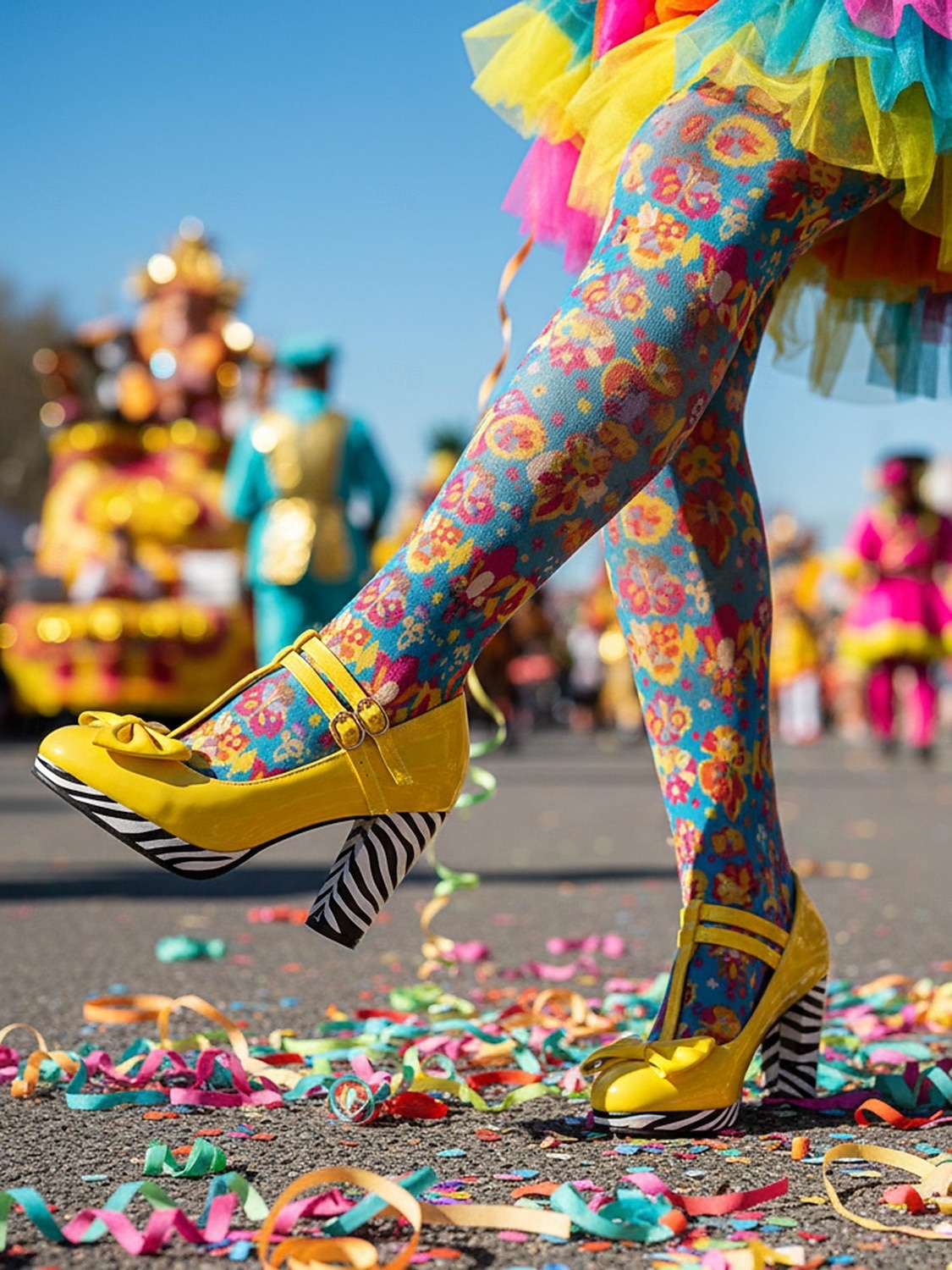 Sapatos Elegantes de Salto Chunky com Fivela em Laço de Carnaval Diário Femininos de Mardi Gras em Preto Branco e Amarelo com Bico Redondo de 2026 por $59.99 –P1