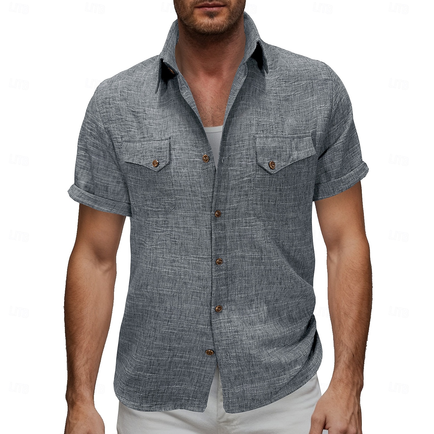 Voor heren Overhemd Linnen overhemd Zomer overhemd Strand Kleding Effen Kleur Casual Vakantie blauw Marineblauw Hemelsblauw Abrikoos Korte mouw Overhemdkraag Zomer Lente Kleding 2026 - $25.99 –P5