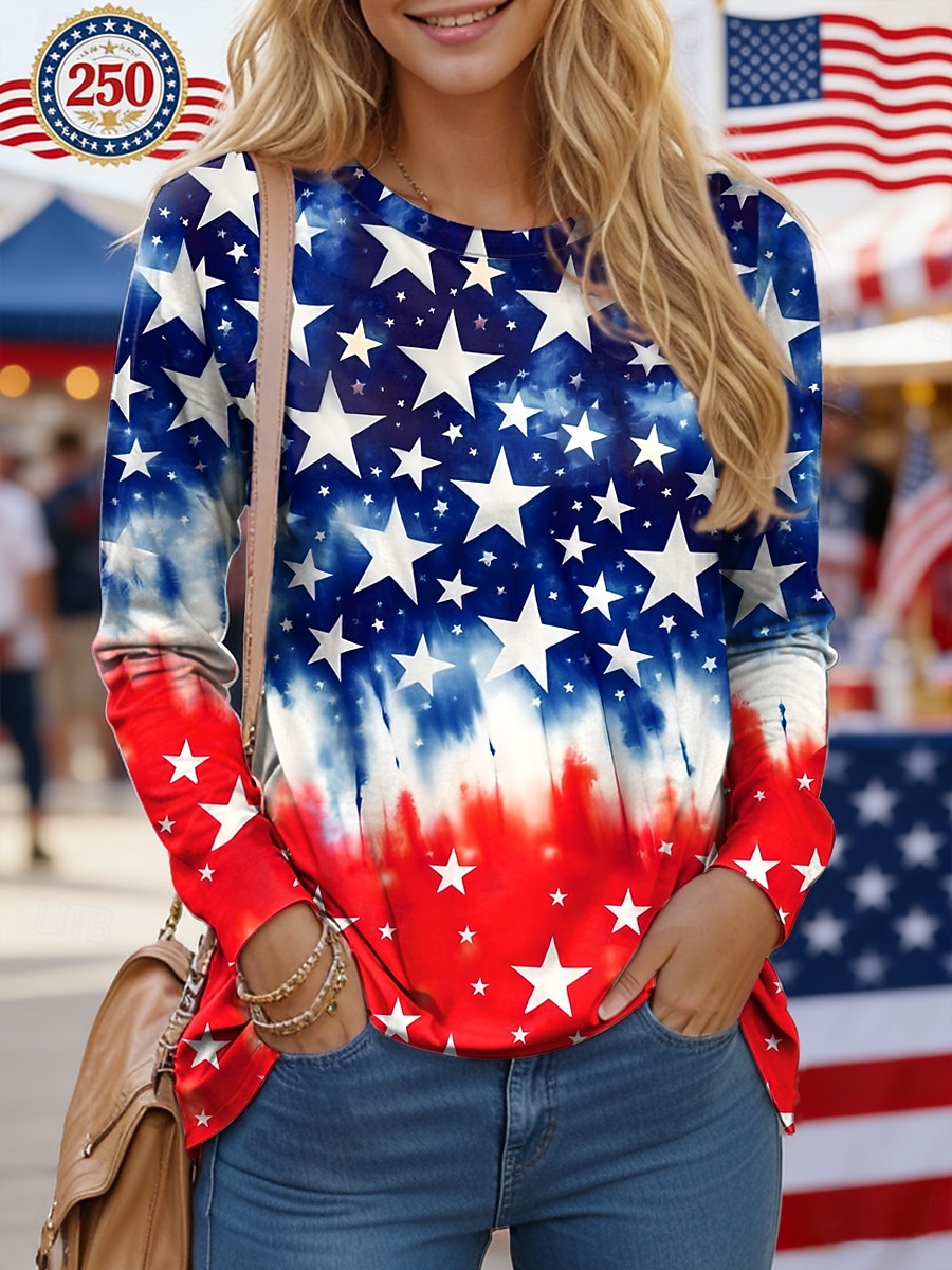 Jour de l'Indépendance Patriote T-shirt Femme Graphique Drapeau Élégant Décontracté Manches Longues Col Ronde Tops Quotidien Impression Bleu Blanc Rouge Été Printemps de 2026 ? $24.99 –P2