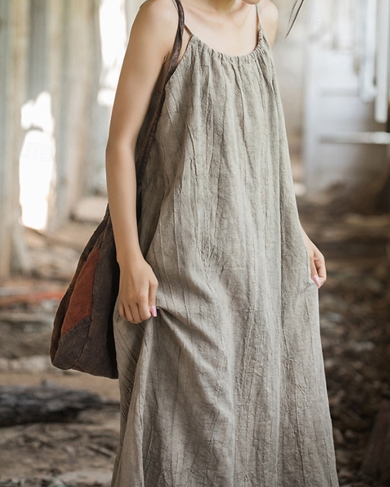 Women's Midi Dress Cotton Linen Dresses Shift Dress Sundress Slip Dress Vintage Fashion Daily Outdoor Vacation Loose Fit Plain Sleeveless Straps Blue Teal White Yellow Summer Spring 2026 - $49.99 –P3