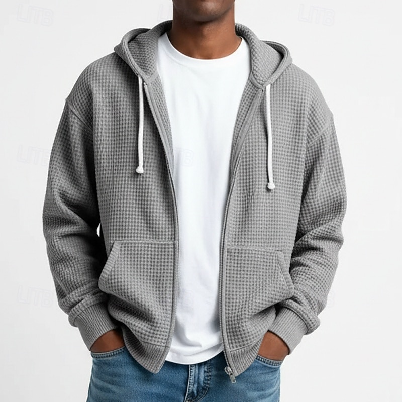 Herr Huvtröja Huvtröja med dragkedja Våffla hoodies Ljusgrå Huva Slät Dragkedja Strukturerad Ledigt Dagligen Sport & Utomhus Streetwear Häftig Sportkläder Vår & Höst Kläder Pull Tröjor Långärmad Lös 2026 - $28.99 –P5