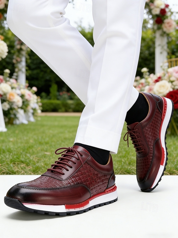 Chaussures de course pour homme en cuir bordeaux – un design sportif et un confort optimal, parfaites pour les mariages décontractés, les événements en plein air et les week-ends. de 2026 ? $94.99 –P2