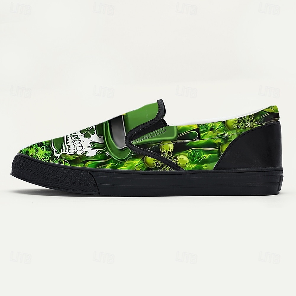 Ανδρικά πράσινα φλοράλ slip-on παπούτσια – μοναδικό σχέδιο με νεκροκεφαλή και τριφύλλι, άνετα και κομψά υποδήματα για την ημέρα του Αγίου Πατρικίου και casual γιορτές 2026 - $46.99 –P5