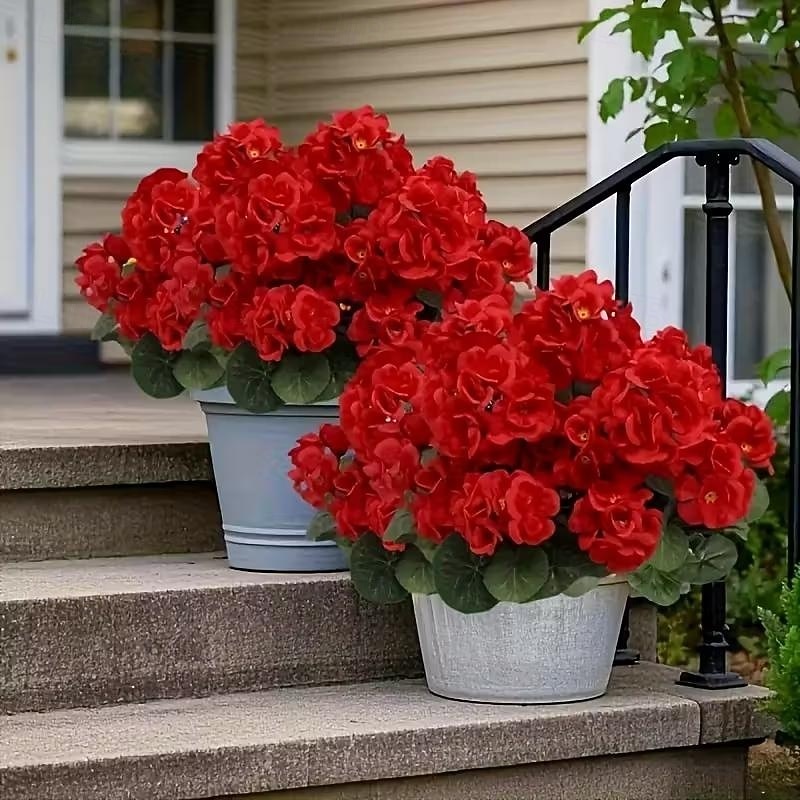 6 větví, kytice z umělých pelargónií odolných proti UV záření, 30 stonků/větví, zářivě červené květy s bujným zeleným olistěním, realistická plastová dekorace do interiéru/venkovního prostředí, 2026 - $25.99 –P2