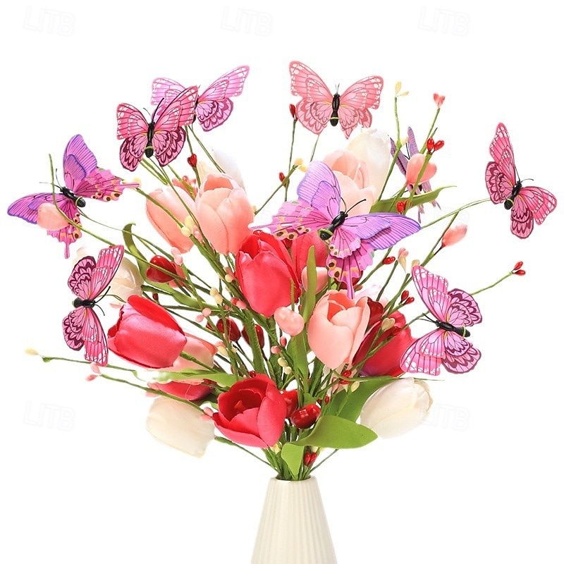 3 ks umělých stonků tulipánů, umělé květiny na Den matek, Den žen, Valentýna, svatbu, bytové dekorace, zeleň, motýlí akcenty, květinová aranžmá 2026 - $28.99 –P3